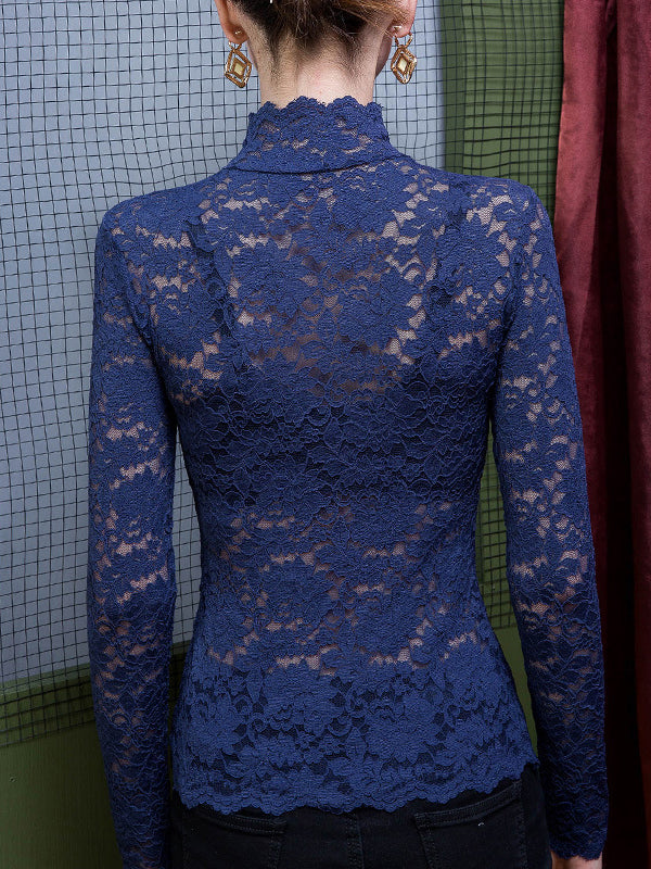 Gauze See-Through Split-Joint Long Sleeves Plus Size High Neck T-shirts