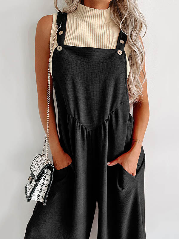 Buttoned Pleated Pockets High Waisted Loose Overalls