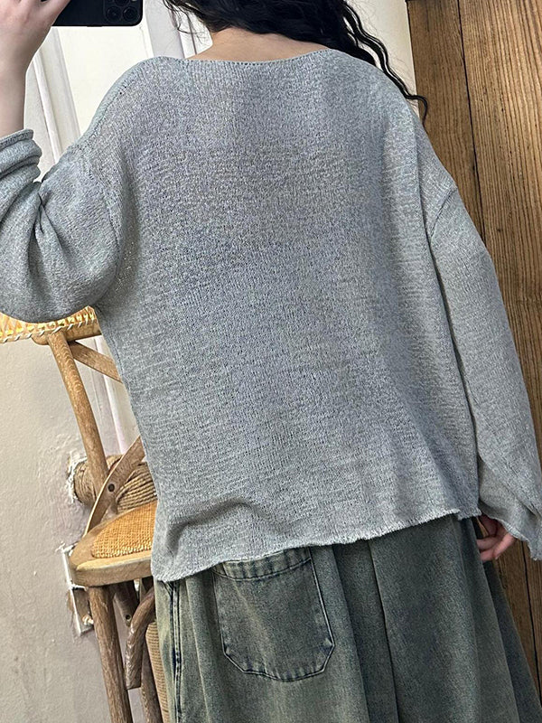 See-Through Solid Color Split-Joint Long Sleeves Loose Round-Neck T-Shirts Tops
