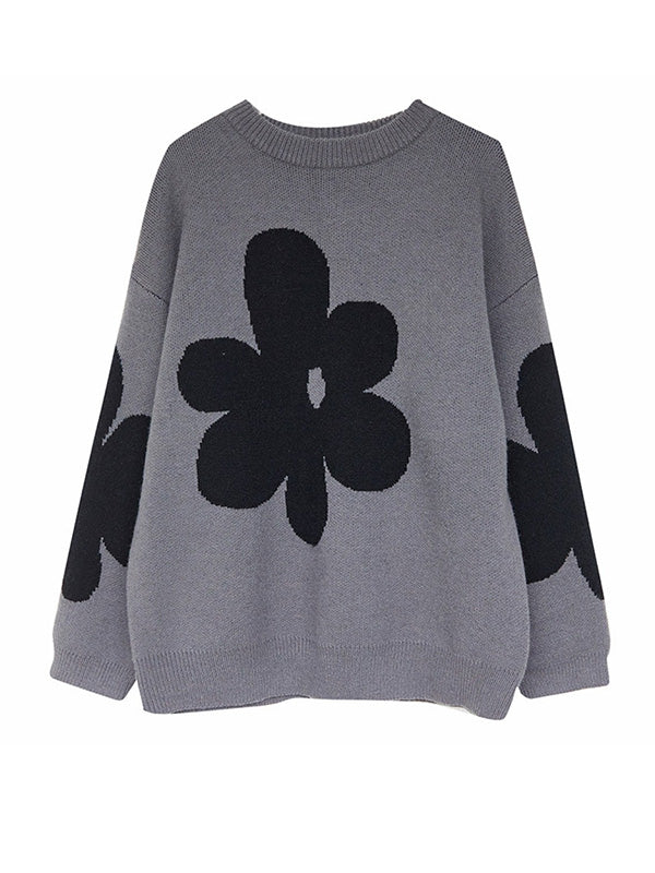 Casual Long Sleeves Loose Contrast Color Jacquard Round-Neck Pullovers