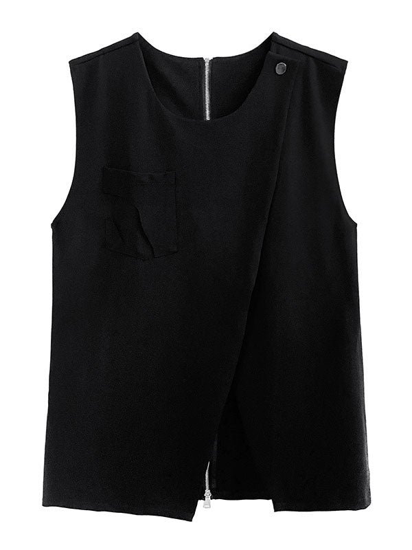 Asymmetric Zipper Loose Sleeveless Round-Neck Vest Top