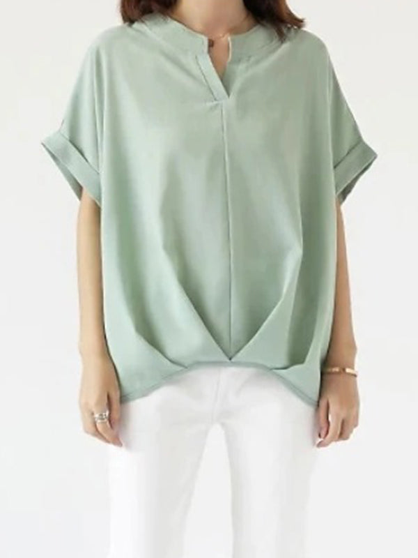 Pleated Solid Color Loose Plus Size V-neck T-Shirts Tops