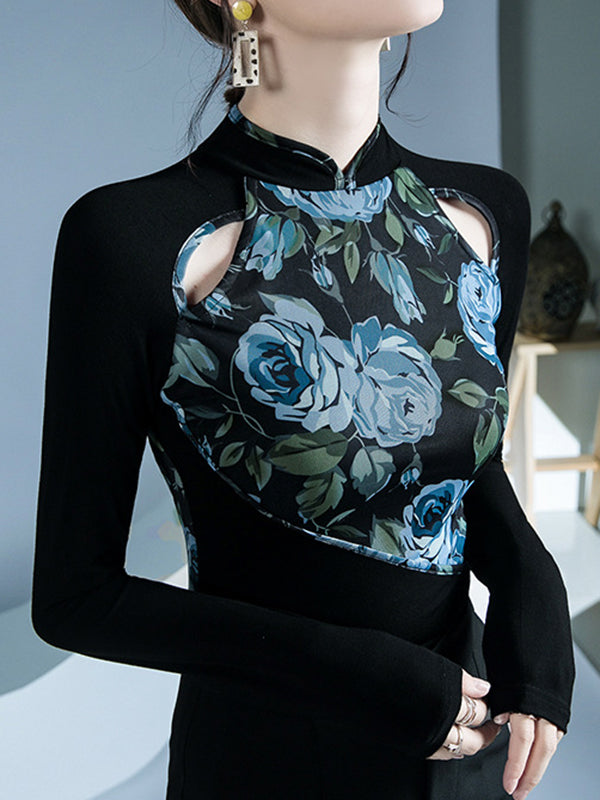 Buttoned Flower Print Hollow Split-Joint Long Sleeves Skinny Round-Neck T-Shirts Tops