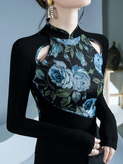 Buttoned Flower Print Hollow Split-Joint Long Sleeves Skinny Round-Neck T-Shirts Tops