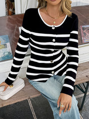 Buttoned Contrast Color Split-Joint Striped Long Sleeves Skinny Round-neck Outerwear Cardigan Tops