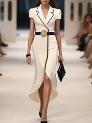 Bodycon High-Low Belted Pleated Solid Color Notched Collar Maxi Dresses