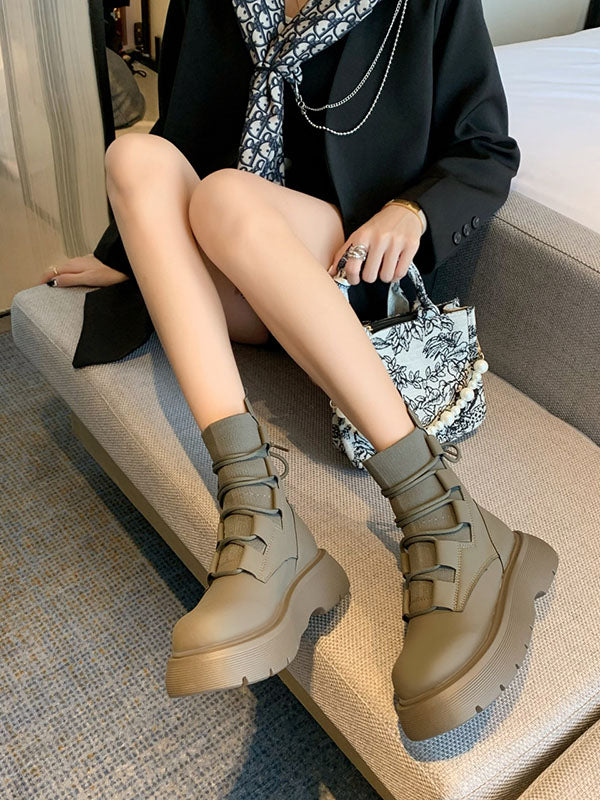 Lace-Up Round-Toe Solid Color Split-Joint Platform Shoes Dr. Martens Boots Boots