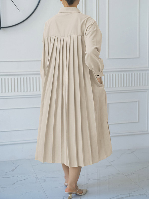 Buttoned Split-side Loose Three-quarter Sleeves Lapel Shirt Dress Midi Dresses