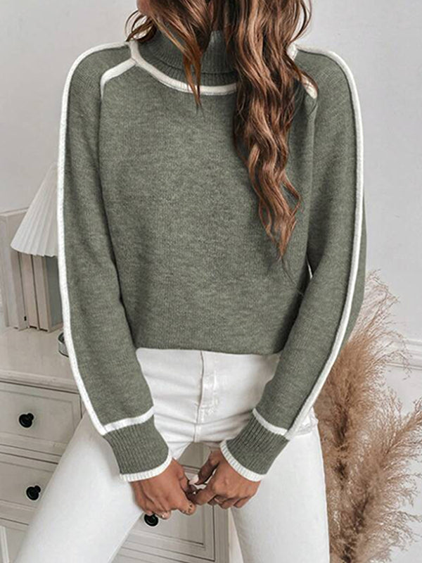 Contrast Color Split-Joint Long Sleeves Loose High Neck Sweater Tops