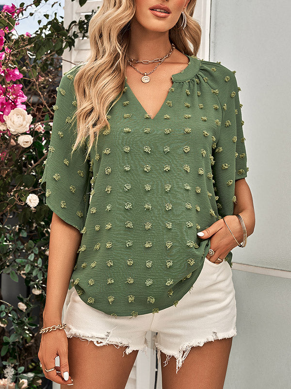 Jacquard Solid Color Half Sleeves Loose V-Neck T-Shirts Tops