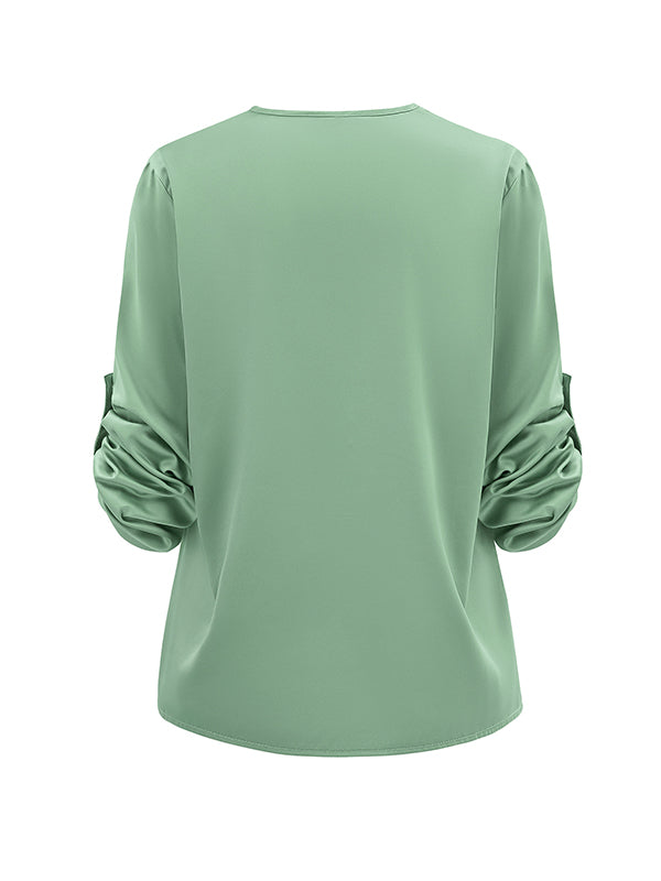 Elasticity Solid Color Long Sleeves Loose V-neck Blouses&shirts Tops