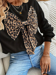 Bowknot Leopard Long Sleeves Loose Round-Neck Sweatshirt Tops
