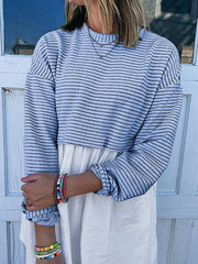 Split-Joint Striped High Waisted Long Sleeves Round-Neck Mini Dresses