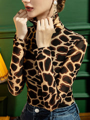 Leopard Long Sleeves Skinny High-neck T-Shirts Tops