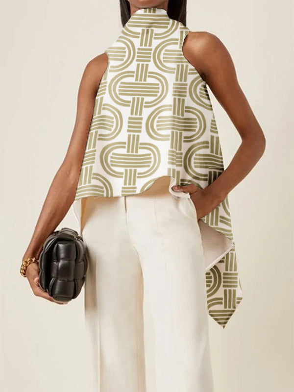 Printed Asymmetric Split-Joint Sleeveless Vest