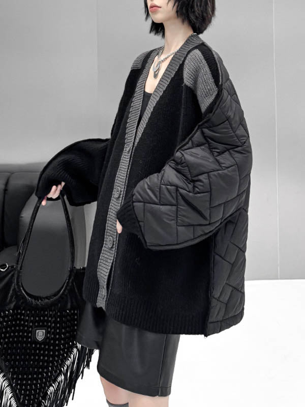 Buttoned Contrast Color Reversible Split-Joint Long Sleeves Loose Collarless Outerwear Cardigan Tops