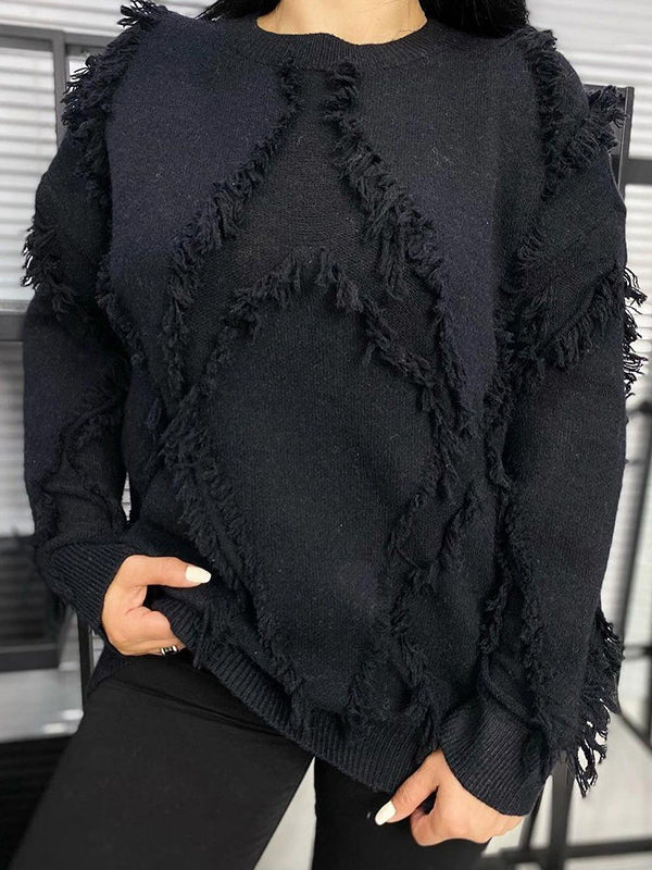 Solid Color Tasseled Long Sleeves Loose Round-Neck Sweater Tops Pullovers