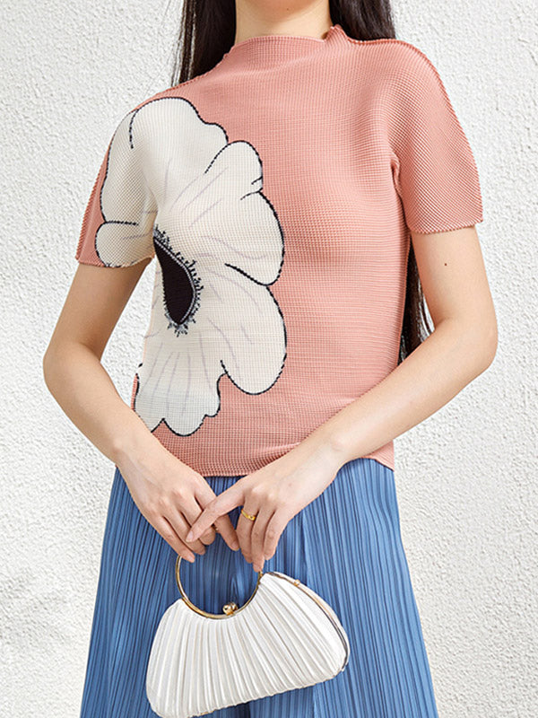 Flower Print Pleated Short Sleeves Mock Neck T-Shirts Tops