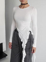 Pleated Solid Color Long Sleeves Skinny Round-Neck T-Shirts Tops