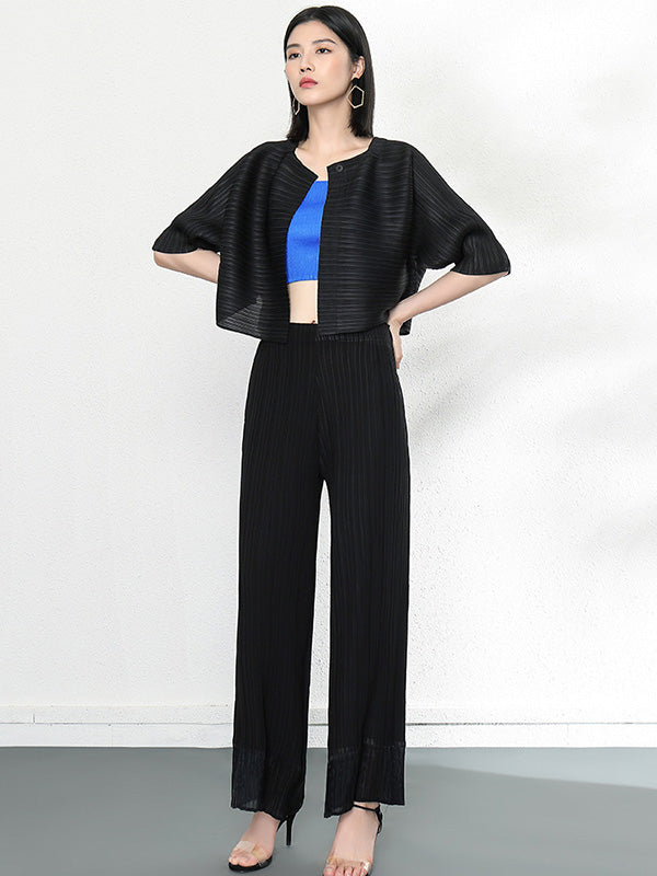 Casual Loose Half Sleeves Pleated Solid Color Outerwear