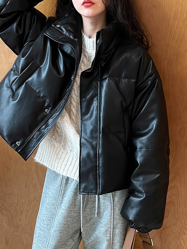 Split-Joint Zipper Loose Puff Sleeves Stand Collar Down Coat