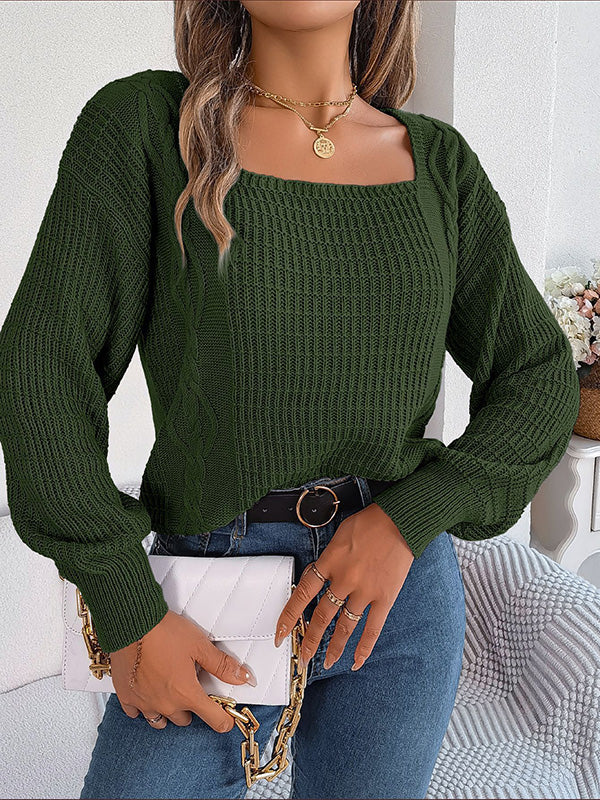 Solid Color Long Sleeves Loose Square-Neck Sweater Tops Pullovers