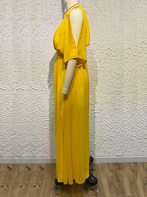 Solid Color Split-front Batwing Sleeves Loose Deep V-Neck Maxi Dresses