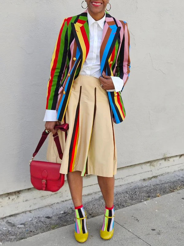 Buttoned Colorful Contrast Color Striped Long Sleeves Notched Collar Outerwear Blazer