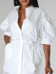 Gauze Pleated See-Through Solid Color Split-Joint Tied Waist Puff Sleeves Lapel Maxi Dresses