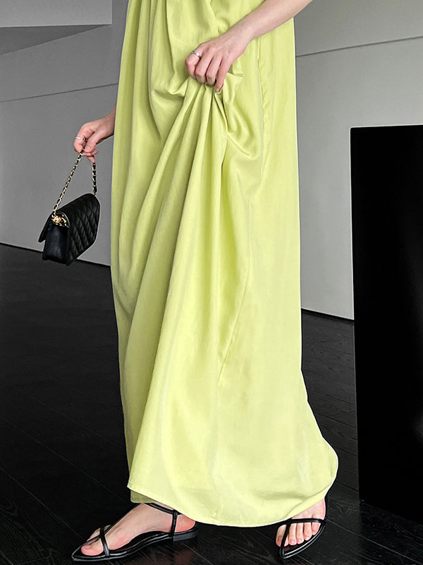 Elasticity Pleated Solid Color Split-Joint Loose Sleeveless Off-The-Shoulder Maxi Dresses