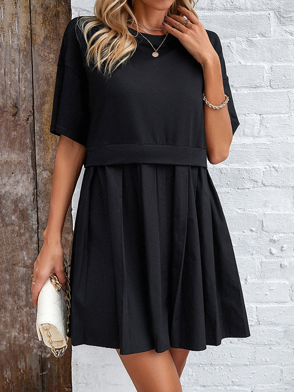 Contrast Color Pleated Split-Joint A-Line Half Sleeves Round-Neck Mini Dresses