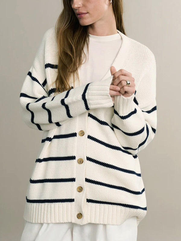 Split-Joint Striped Long Sleeves Loose V-neck Cardigan Tops