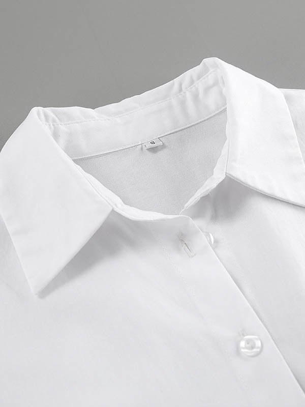 Buttoned Pleated Solid Color High Waisted Long Sleeves Lapel Shirt Dress Mini Dresses