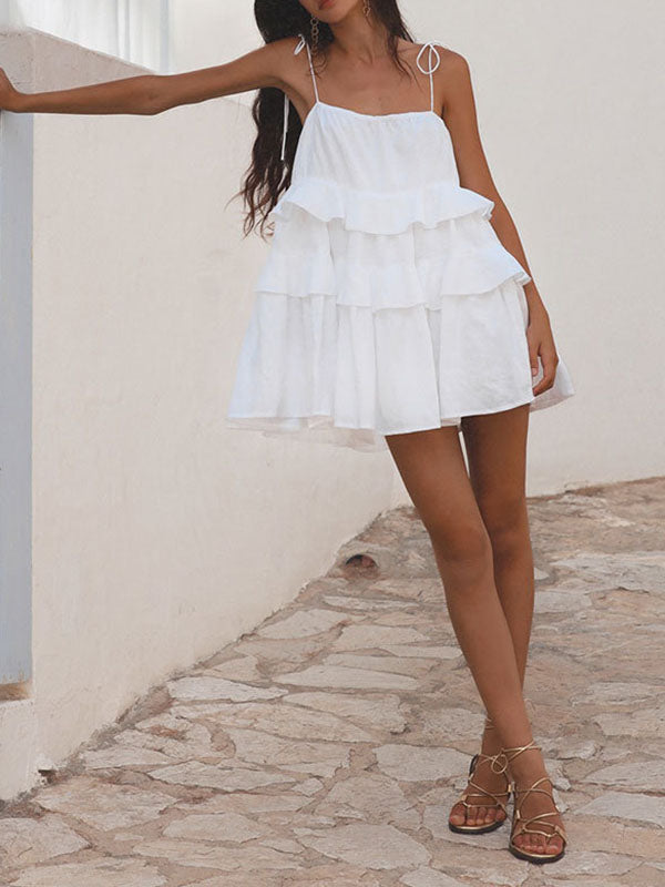 Backless Layered Pleated Solid Color Tied High Waisted Loose Spaghetti-Neck Mini Dresses