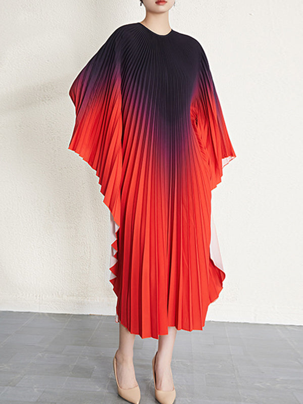 Gradient Pleated Batwing Sleeves Loose Round-Neck Midi Dresses