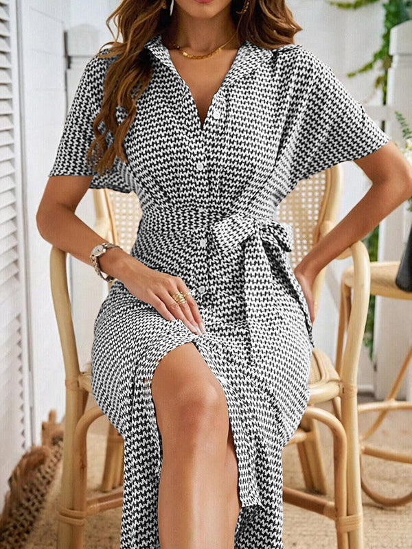 Buttoned Pleated Tied Waist Half Sleeves High Waisted V-Neck Midi Dresses