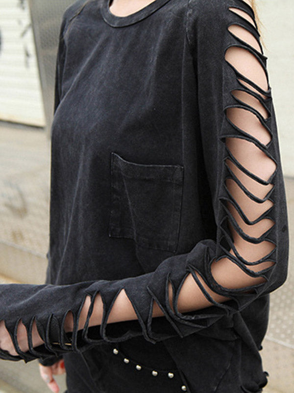 Hollow Solid Color Split-Joint Long Sleeves Loose Round-neck T-shirts