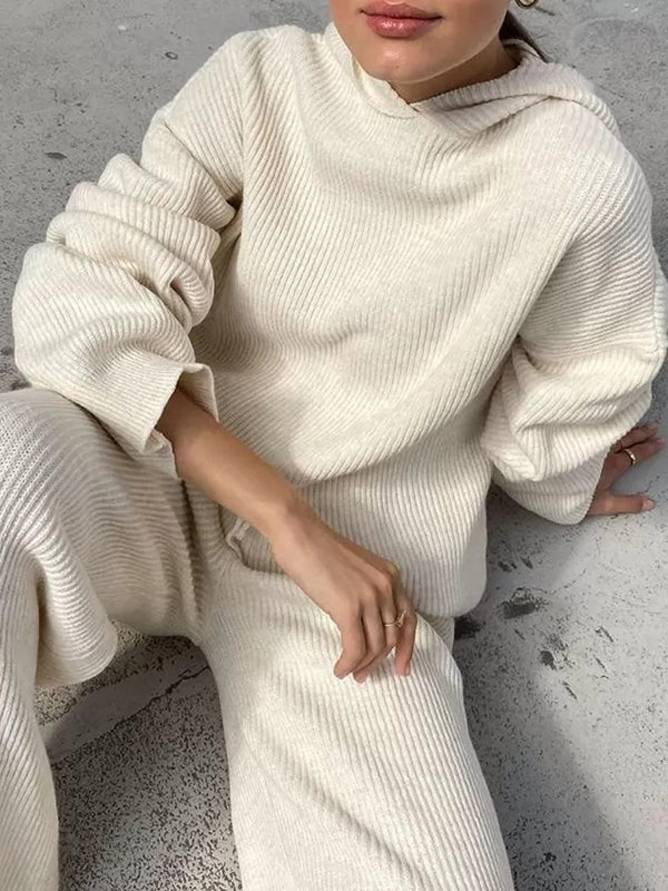 Solid Color Loose Round-Neck Hooded Long Sleeves Sweater Top + Drawstring Pants Bottom Two Pieces Set