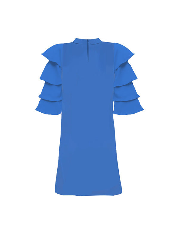 Layered Pleated Solid Color Flared Sleeves Half Sleeves Mock Neck Mini Dresses