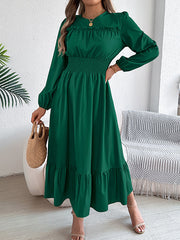 Pleated Solid Color A-Line Elasticated Waist Round-Neck Maxi Dresses