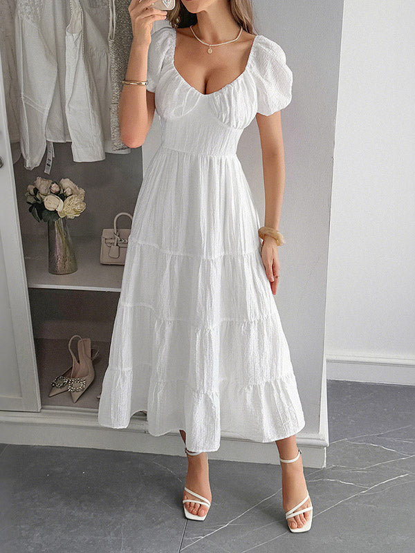 Backless Pleated Solid Color Tied A-Line Loose V-Neck Midi Dresses