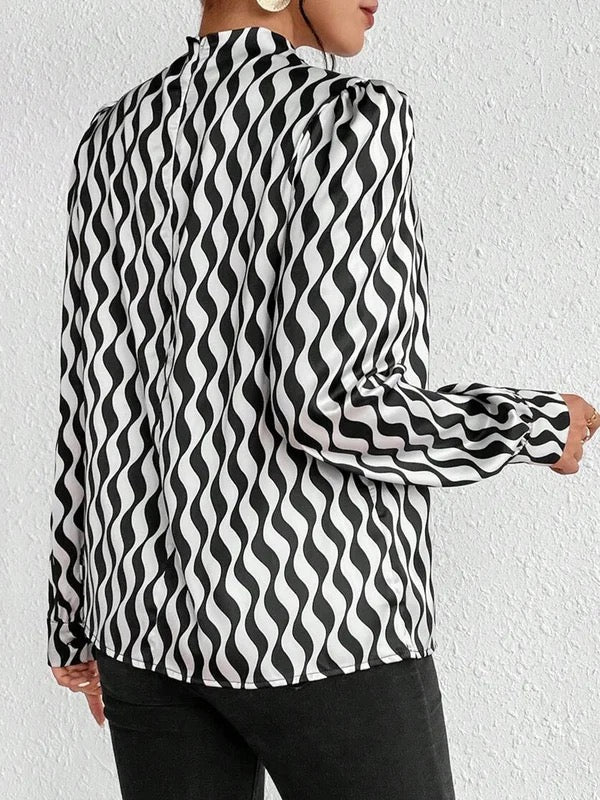 Contrast Color Pleated Printed Split-Joint Long Sleeves Loose Mock Neck Blouses&Shirts Tops
