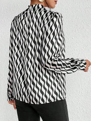 Contrast Color Pleated Printed Split-Joint Long Sleeves Loose Mock Neck Blouses&Shirts Tops
