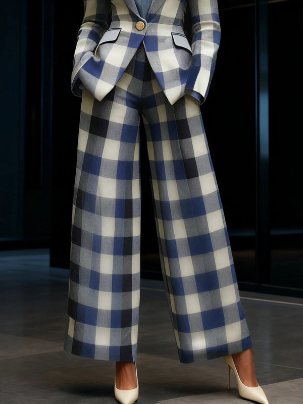 Contrast Color Elasticity Plaid Pockets Loose Wide Leg Trousers Pants