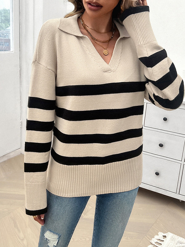 Contrast Color Striped Long Sleeves Loose Lapel Sweater Tops Pullovers