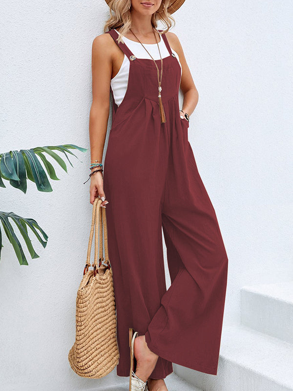 Pleated Split-Joint Loose Plus Size Spaghetti-Neck Overalls
