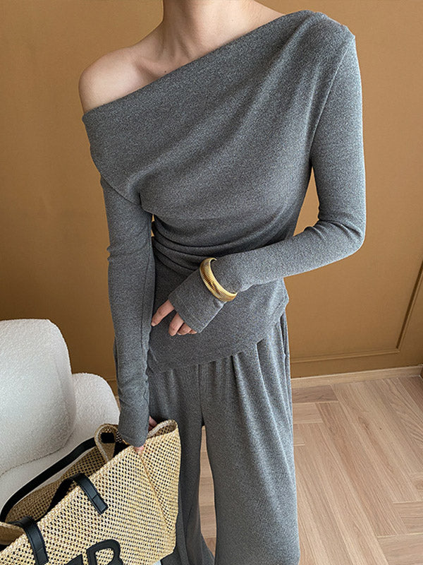 Asymmetric Solid Color Long Sleeves Off-The-Shoulder Shirts Top + High Waisted Pants Bottom Two Pieces Set