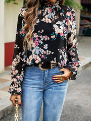 Elasticity Flower Print Flared Sleeves Long Sleeves Round-Neck Blouses&Shirts Tops
