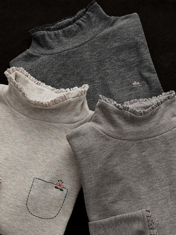 Simple Loose Long Sleeves Embroidered Falbala Solid Color High-Neck T-Shirts Tops