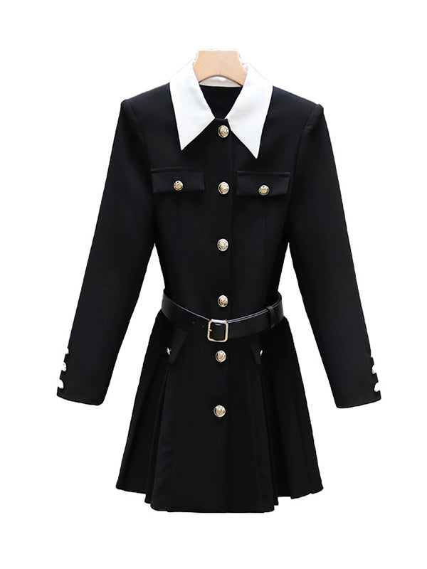 Belted Buttoned Contrast Color Pleated Single-Breasted Elasticated Waist Long Sleeves Lapel Shirt Dress Mini Dresses